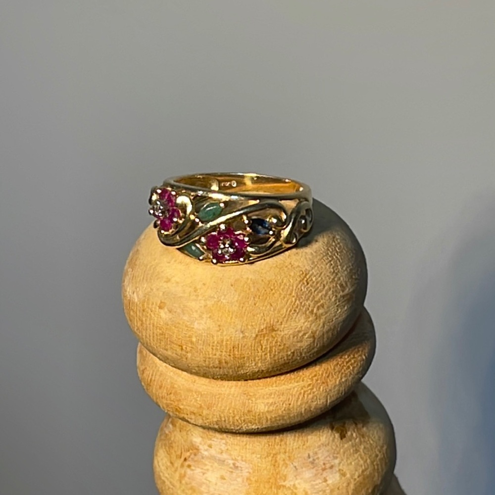 10k Gold, Ruby, Sapphire, Emerald, Diamond flower ring